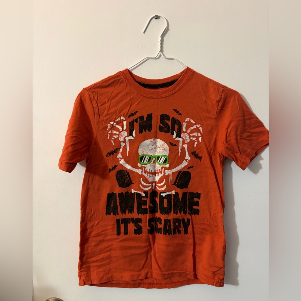 Boys So Scary SkeletonOrange Halloween T-Shirt size Large 10-12 Tote11